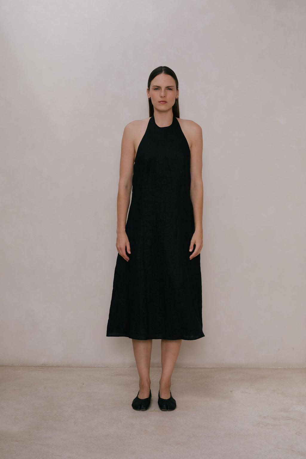 Linen Halter Mid Dress Black / S