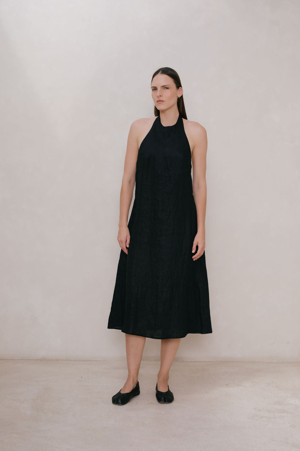 Linen Halter Mid Dress Black / S
