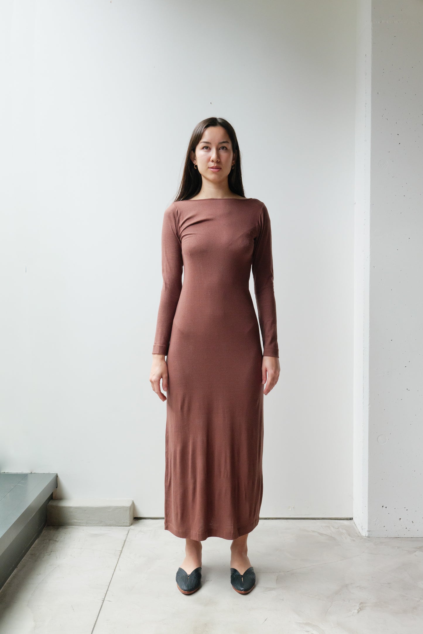 basic silk dress Chocolate boohoo Basic Slash Neck Super Soft Maxi Dress